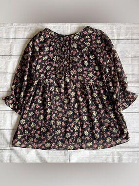 Free People Floral Smocked Mini dress Boho Sheer Long Sleeve Black Sz S